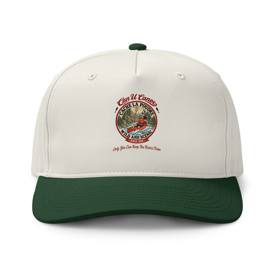 Cache la Poudre River Badge Two-Tone Cap — Natural / Forest with approved red cursive badge