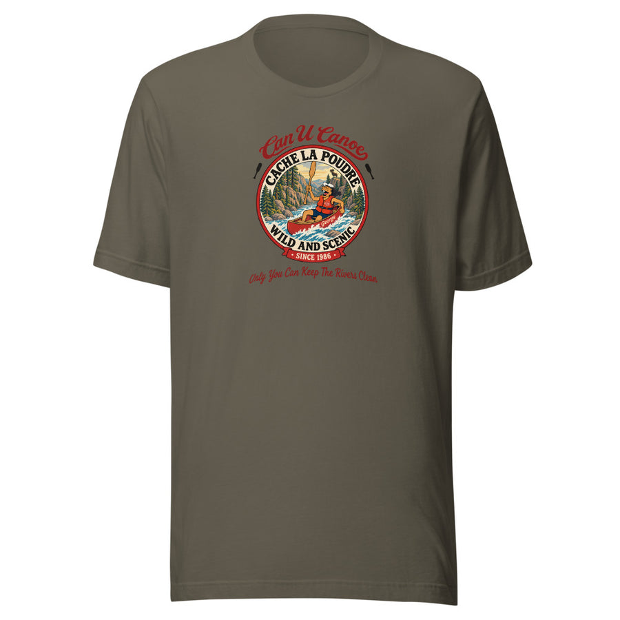 Cache la Poudre River Badge Unisex Tee — Army with approved red cursive badge