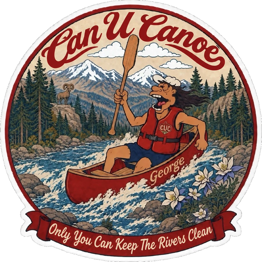George the River Rat wearing his PFD and paddling a red canoe, with the approved red cursive Can U Canoe lettering
