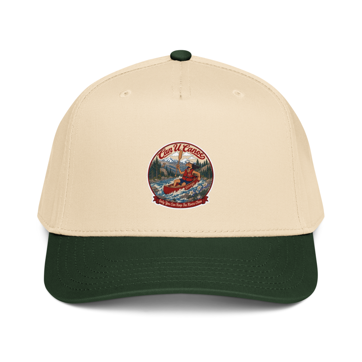 CUC 5‑Panel Cap — George’s Shade Cap | Dark Green/Natural | front | revised approved George placement