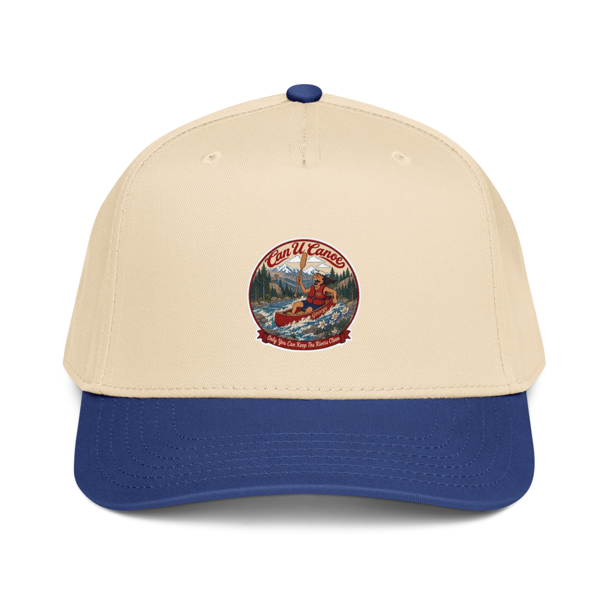 CUC 5‑Panel Cap — George’s Shade Cap | Royal/Natural | front | revised approved George placement