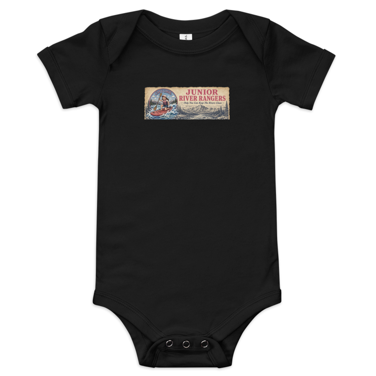 Junior River Rangers Baby Onesie — Pink Canoe Edition | Black | front | newest girl pledge-card artwork