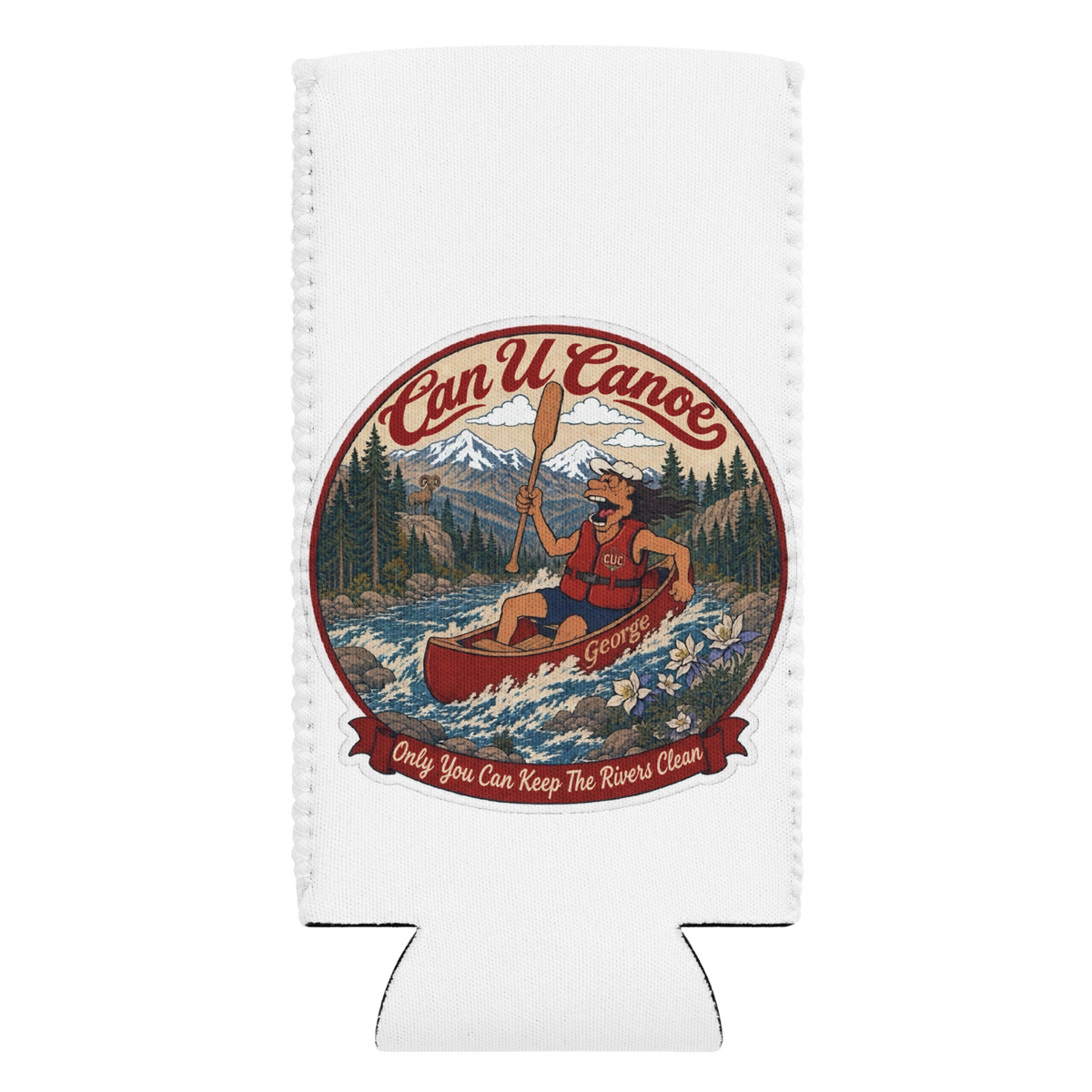 CUC Can Cooler — George's Current Keeper | White | Slim 12 oz | front | exact approved George badge