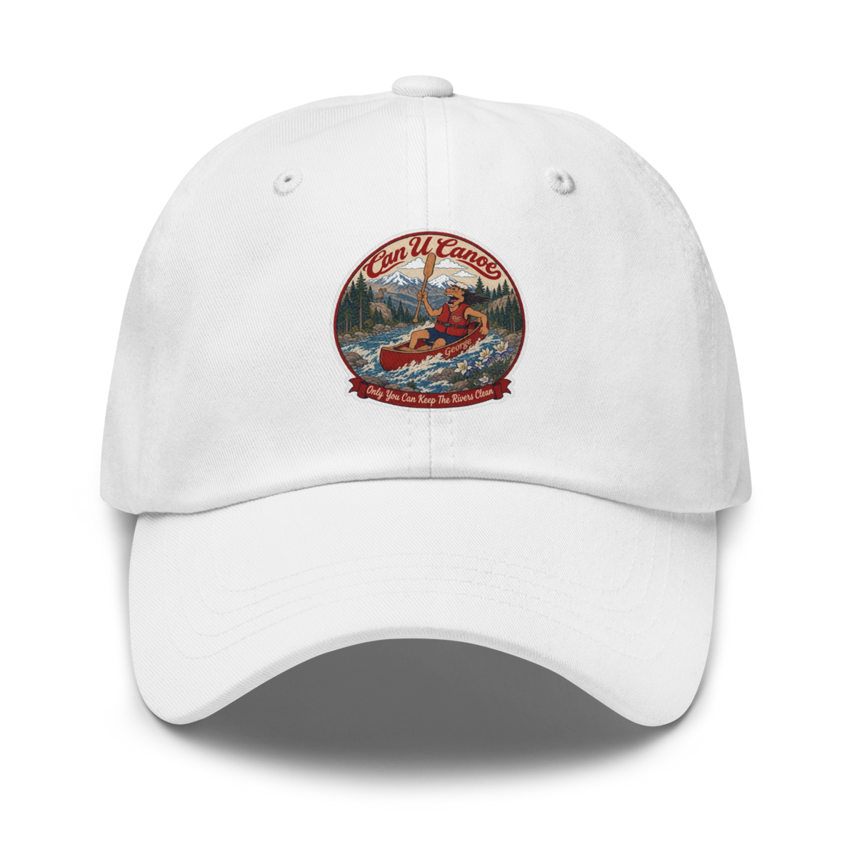 CUC Dad Hat — George’s Laid‑Back Dad Hat | White | One size | front_dtf_hat | exact approved George badge