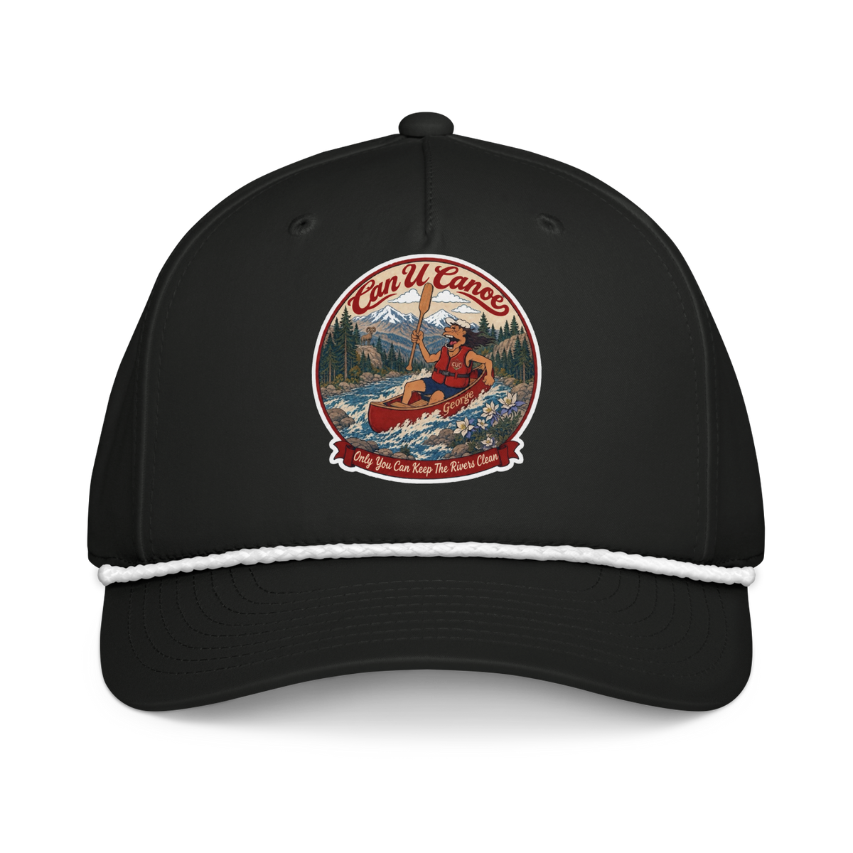 CUC Classic Rope Cap — George’s Rig Line | Black/White | One size | front_dtf_hat | exact approved George badge
