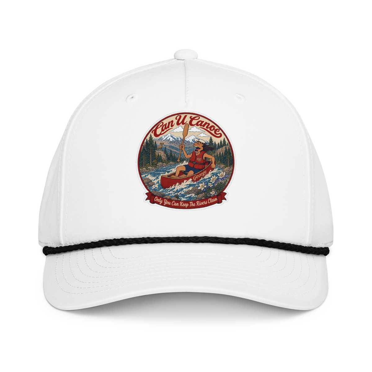 CUC Classic Rope Cap — George’s Rig Line | White/Black | One size | front_dtf_hat | exact approved George badge