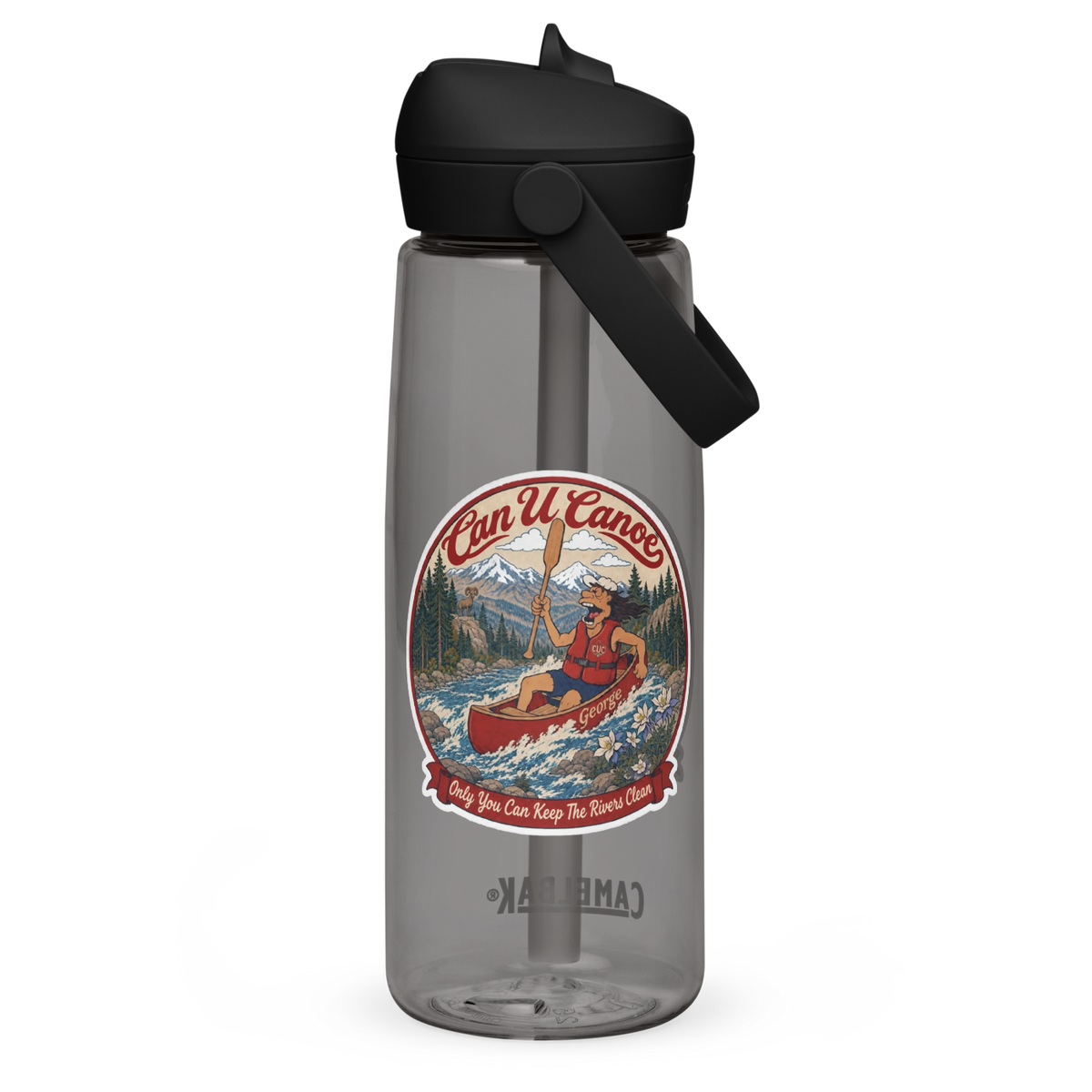 CUC Flip Straw Water Bottle (premium) — George’s Pro Bottle | Charcoal | 25 oz | Back | exact approved George badge