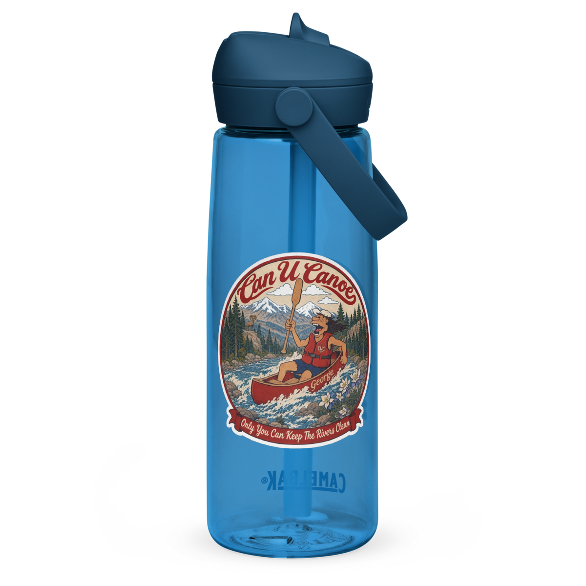 CUC Flip Straw Water Bottle (premium) — George’s Pro Bottle | Oxford Blue | 25 oz | Back | exact approved George badge