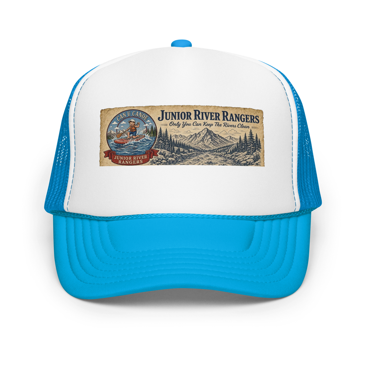 CUC Foam Trucker Hat — George’s Cab View | Blue / White / Blue | front | newest boy pledge-card artwork