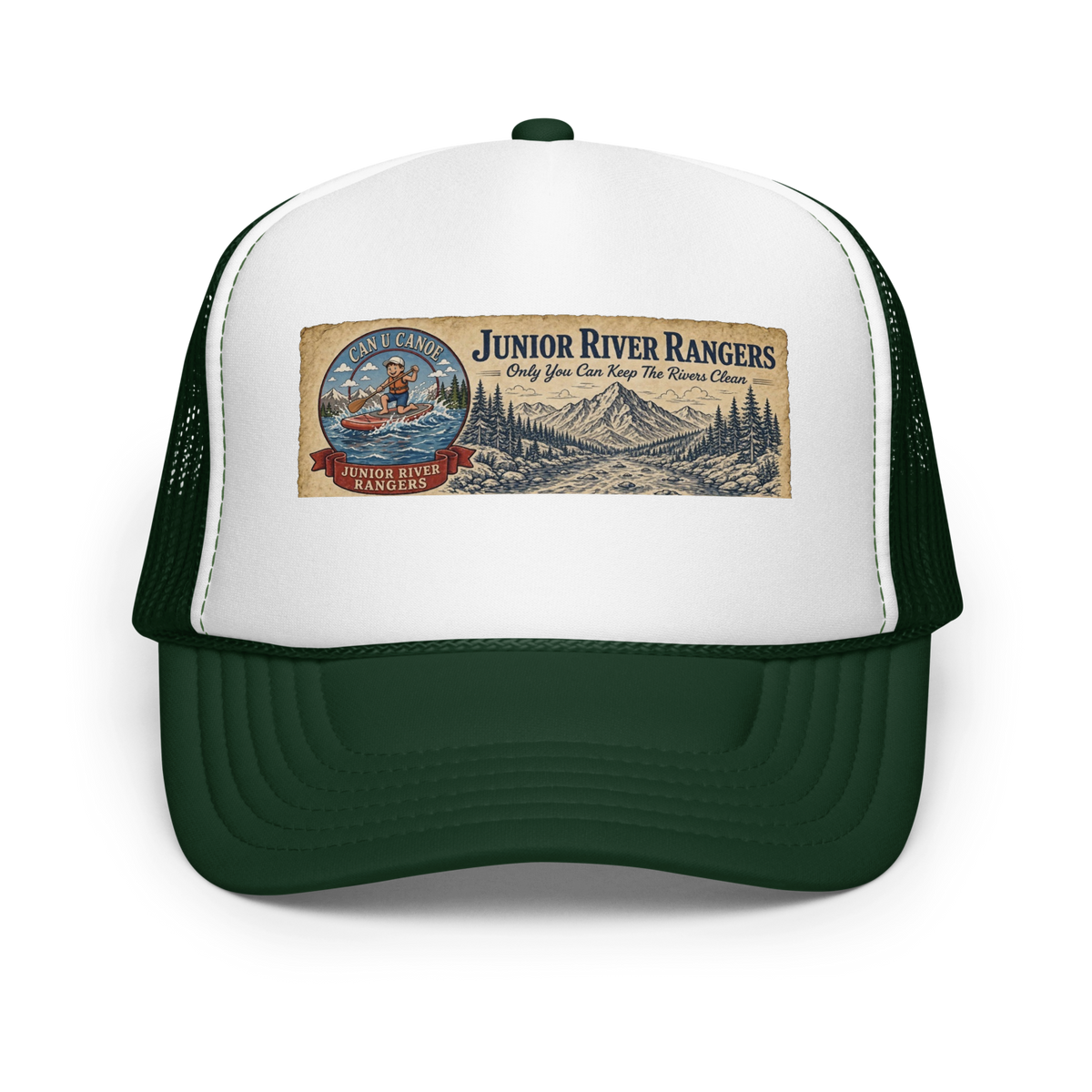 CUC Foam Trucker Hat — George’s Cab View | Dark Green /White/Dark Green | front | newest boy pledge-card artwork
