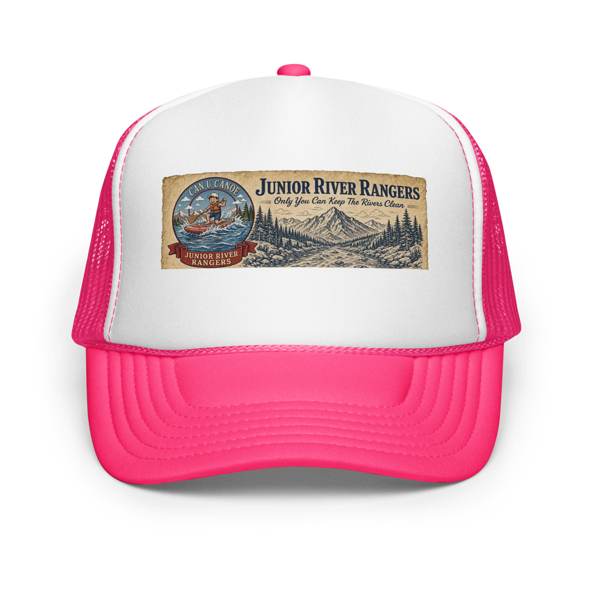 CUC Foam Trucker Hat — George’s Cab View | Hot Pink/ White/ Hot Pink | front | newest boy pledge-card artwork
