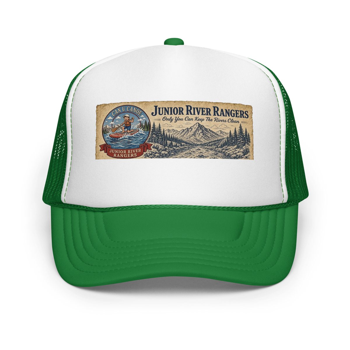 CUC Foam Trucker Hat — George’s Cab View | Kelly/ White/ Kelly | front | newest boy pledge-card artwork