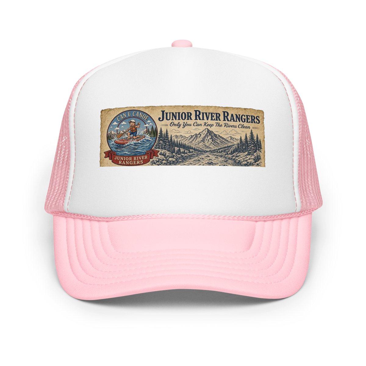 CUC Foam Trucker Hat — George’s Cab View | Light Pink / White / Light Pink | front | newest boy pledge-card artwork