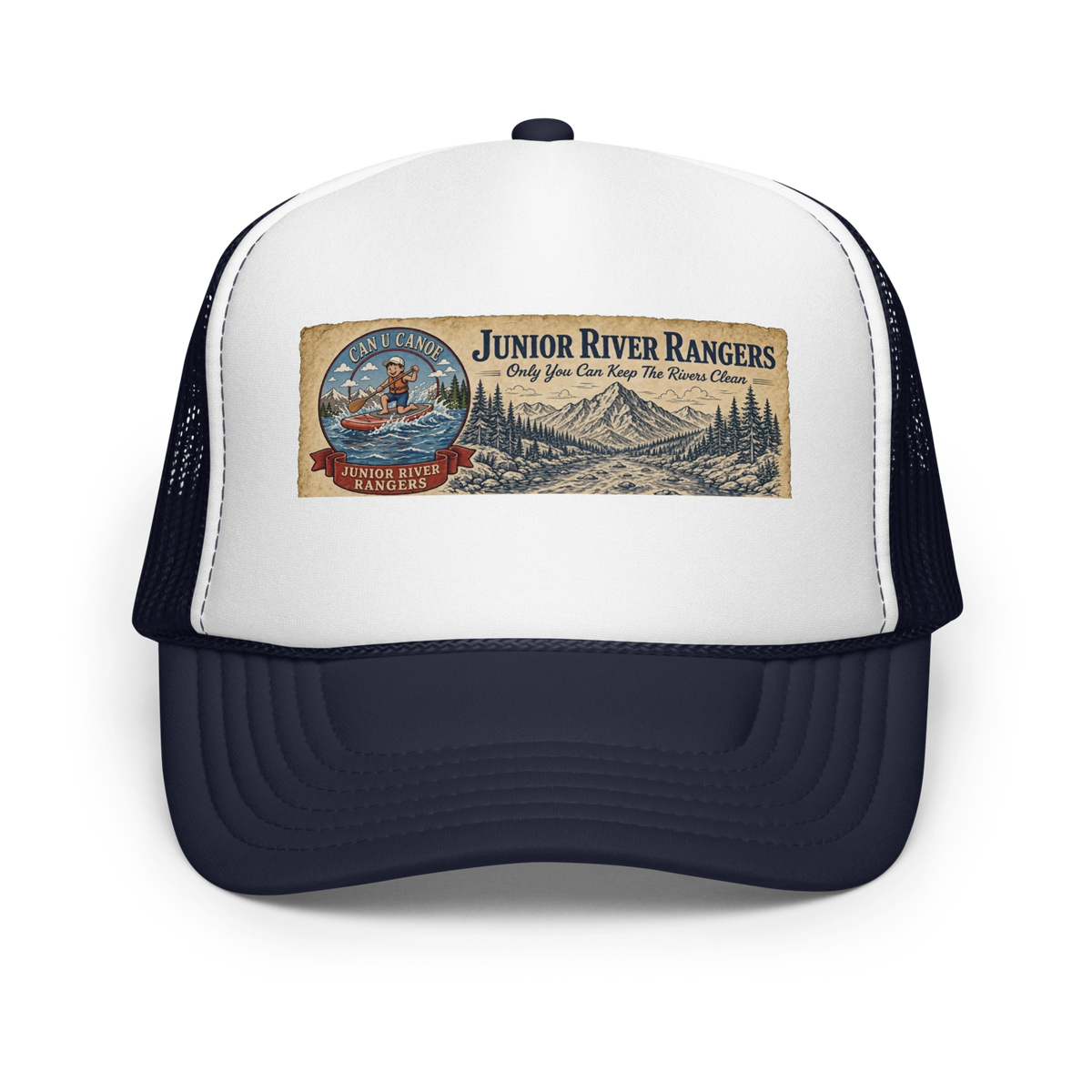CUC Foam Trucker Hat — George’s Cab View | Navy/ White/ Navy | front | newest boy pledge-card artwork