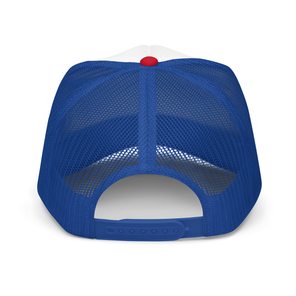 CUC Foam Trucker Hat — George’s Cab View | Red / White / Royal | back | newest boy pledge-card artwork