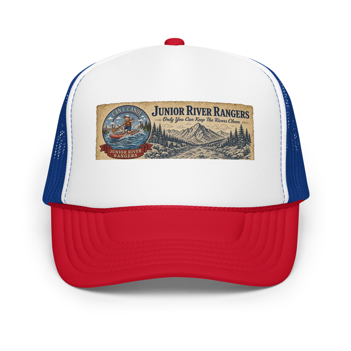 CUC Foam Trucker Hat — George’s Cab View | Red / White / Royal | front | newest boy pledge-card artwork