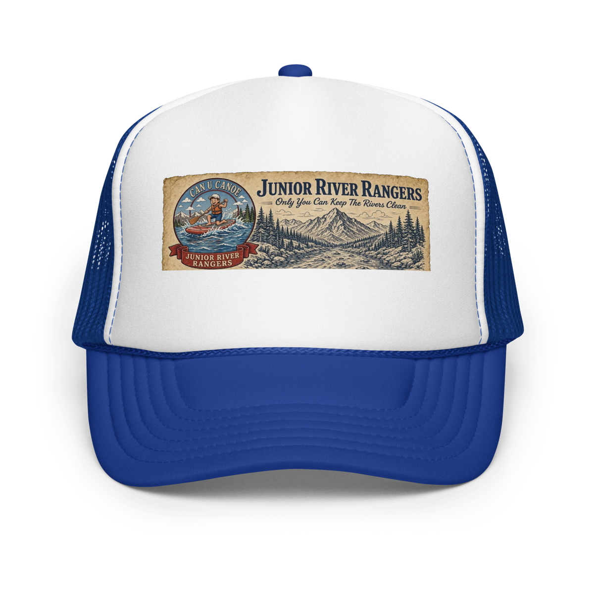 CUC Foam Trucker Hat — George’s Cab View | Royal/ White/ Royal | front | newest boy pledge-card artwork