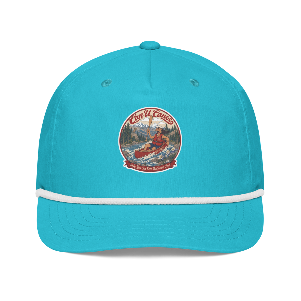 CUC Rope Cap — George’s Second Wind | Turquoise/White | One size | front_dtf_hat | exact approved George badge