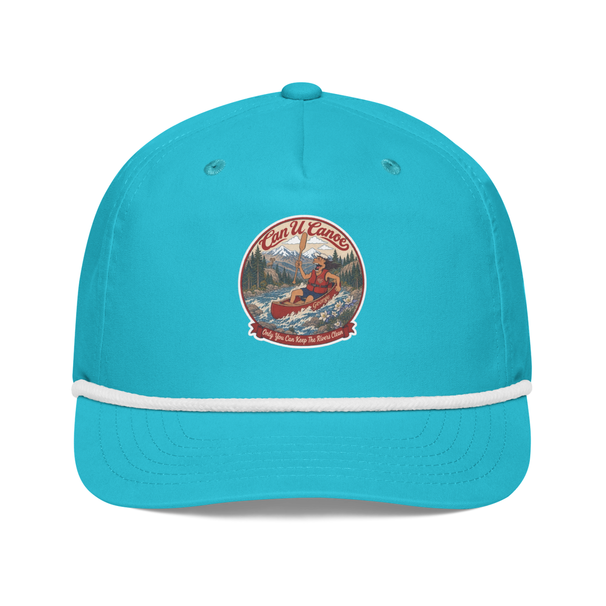 CUC Rope Cap — George’s Second Wind | Turquoise/White | One size | front_dtf_hat | exact approved George badge