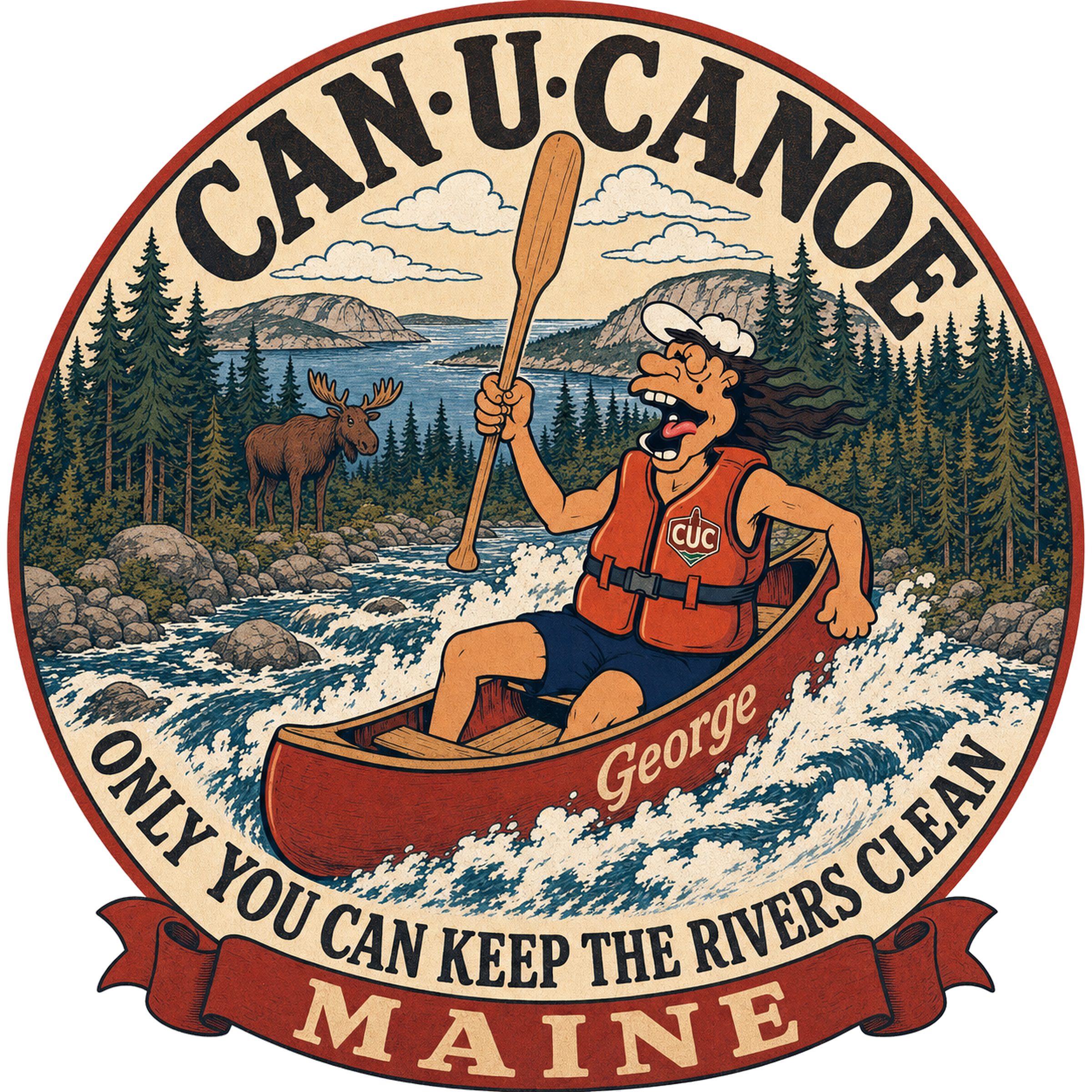 CAN U CANOE Maine river badge artwork