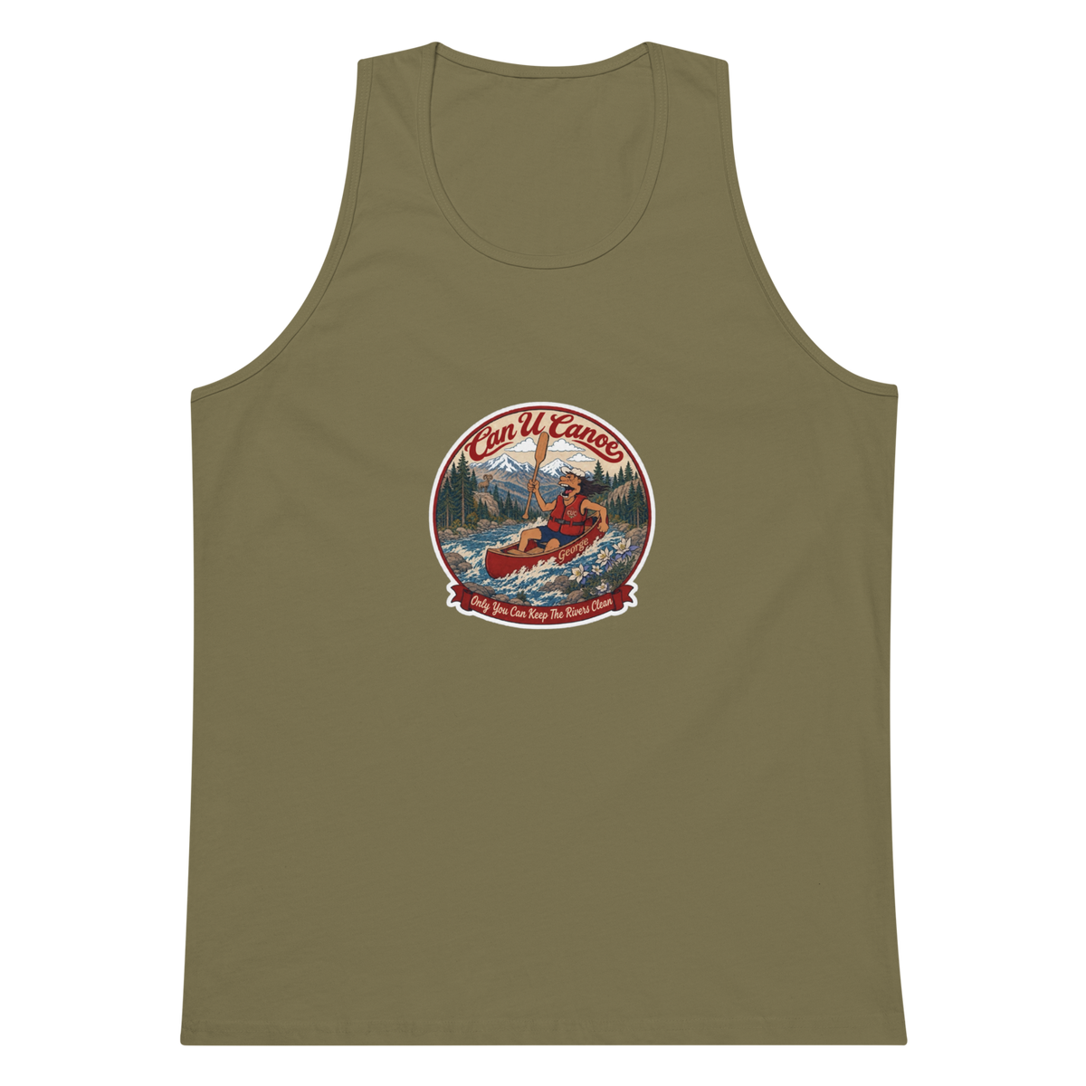CUC Muscle Tank — George’s Iron Paddle | Military Green | S | front | exact approved George badge
