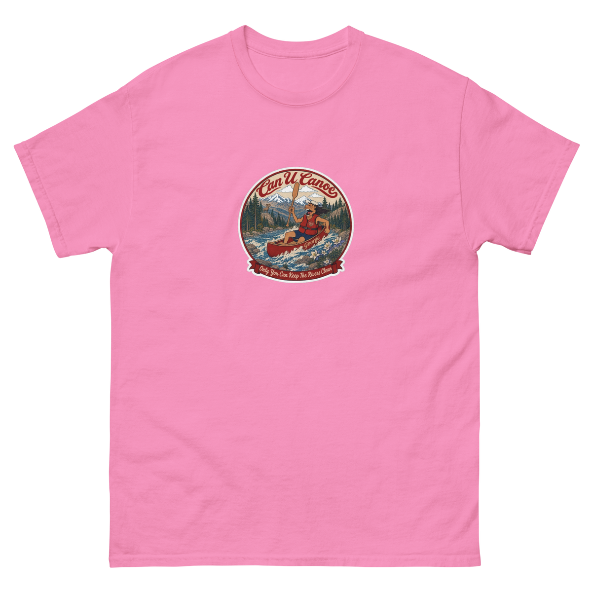 CUC Classic Tee in Azalea, front, exact George badge, 6.5-inch mid-chest print