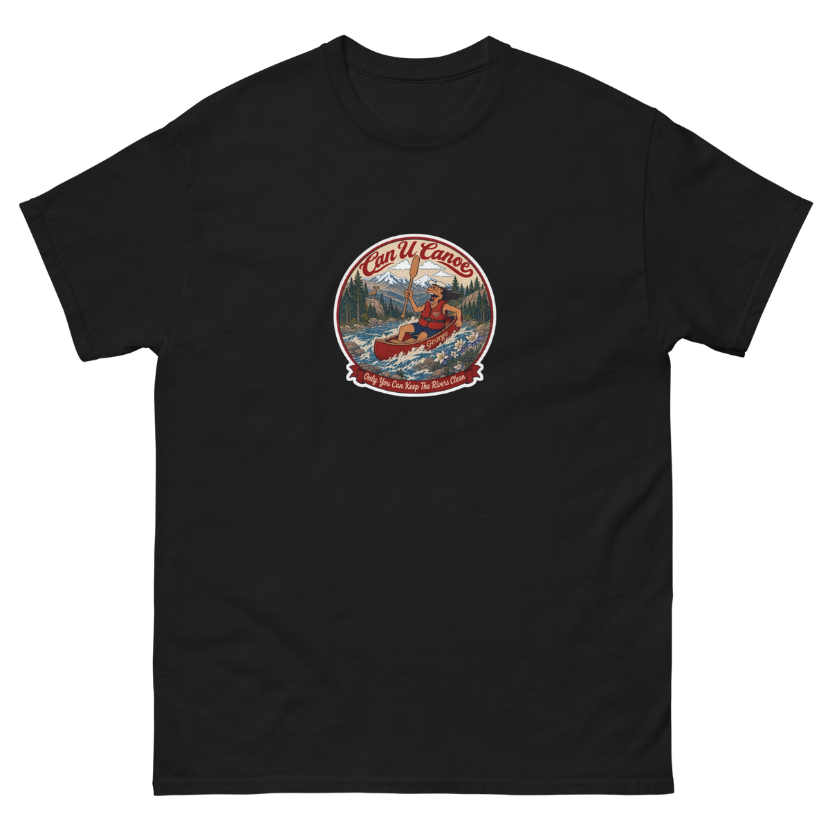 CUC Classic Tee in Black, front, exact George badge, 6.5-inch mid-chest print