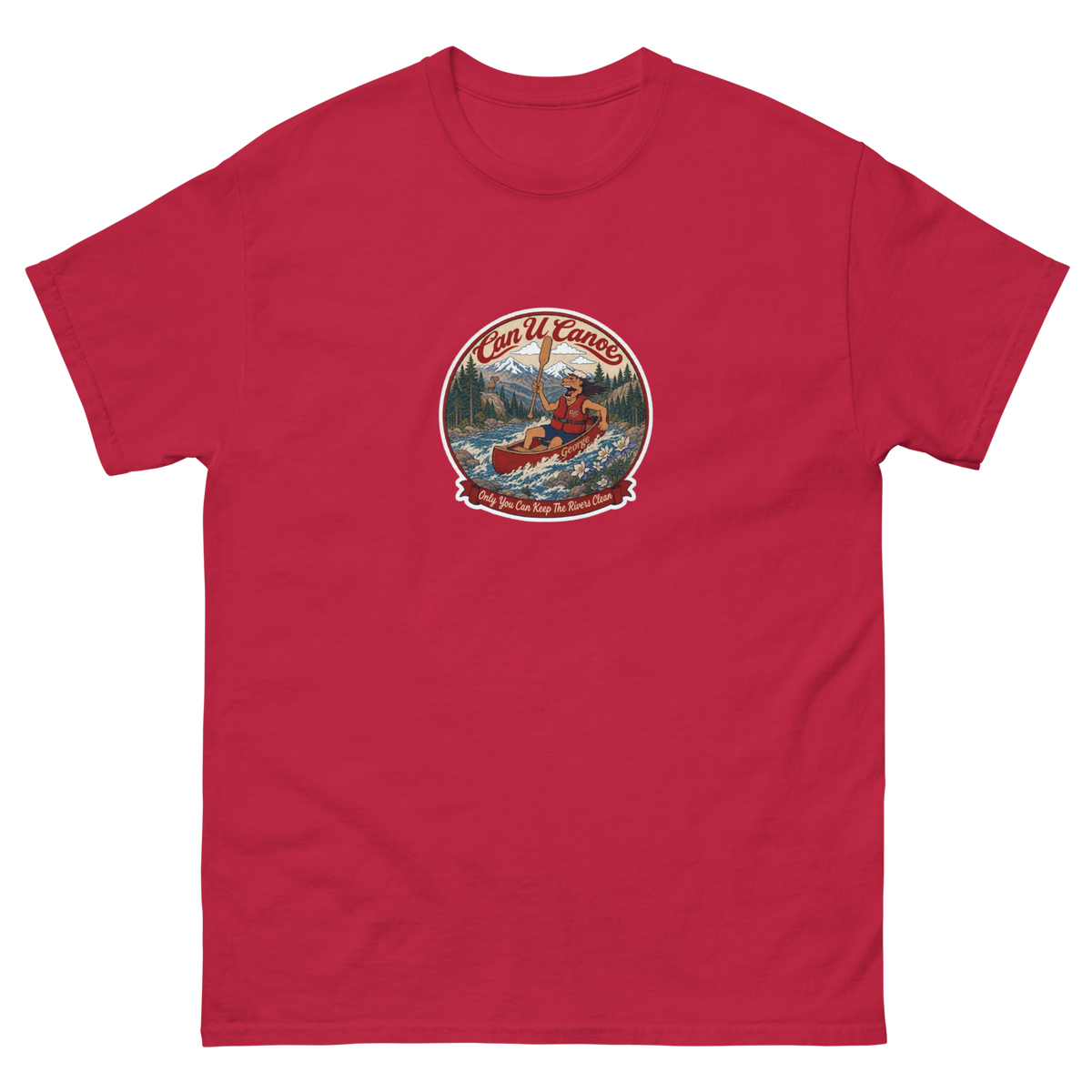 CUC Classic Tee in Cardinal, front, exact George badge, 6.5-inch mid-chest print