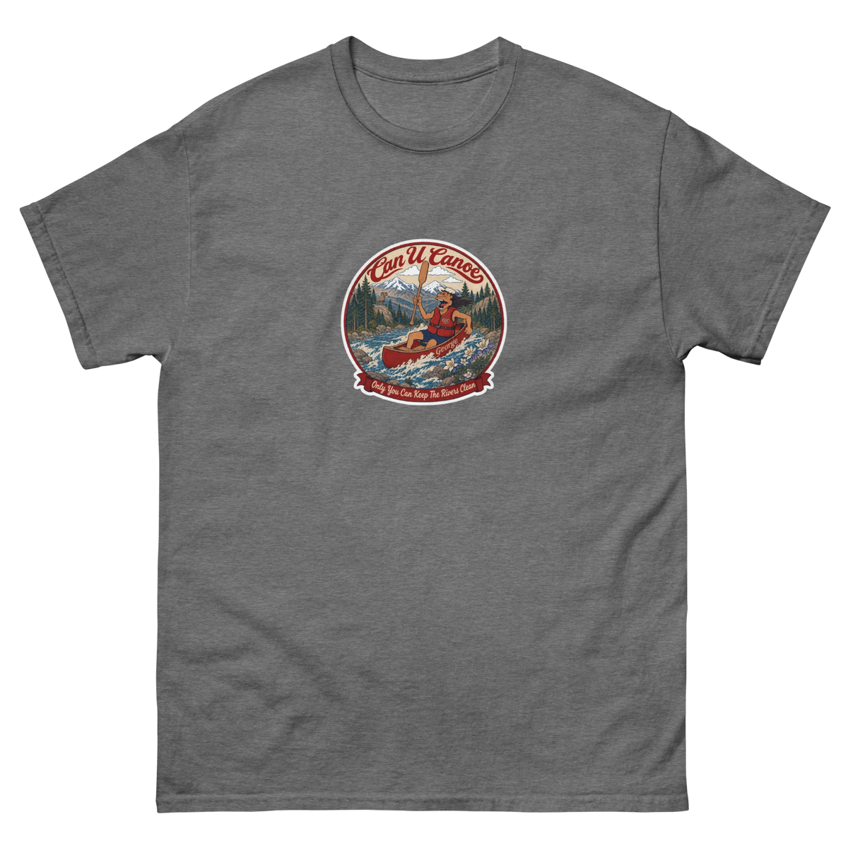 CUC Classic Tee in Graphite Heather, front, exact George badge, 6.5-inch mid-chest print