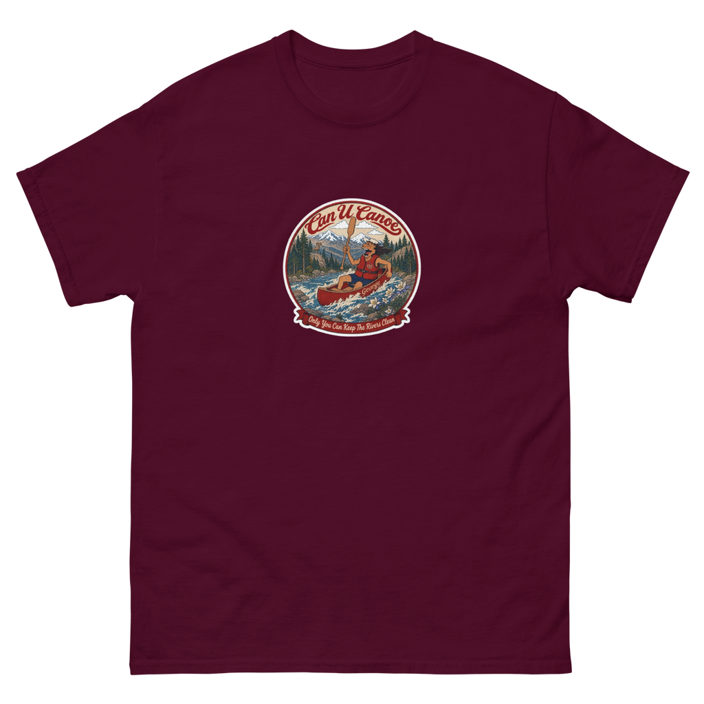CUC Classic Tee in Maroon, front, exact George badge, 6.5-inch mid-chest print