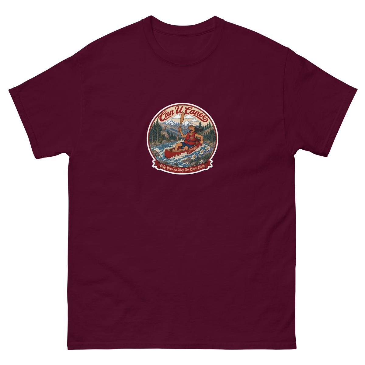 CUC Classic Tee in Maroon, front, exact George badge, 6.5-inch mid-chest print