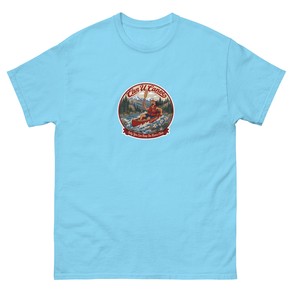 CUC Classic Tee in Sky, front, exact George badge, 6.5-inch mid-chest print