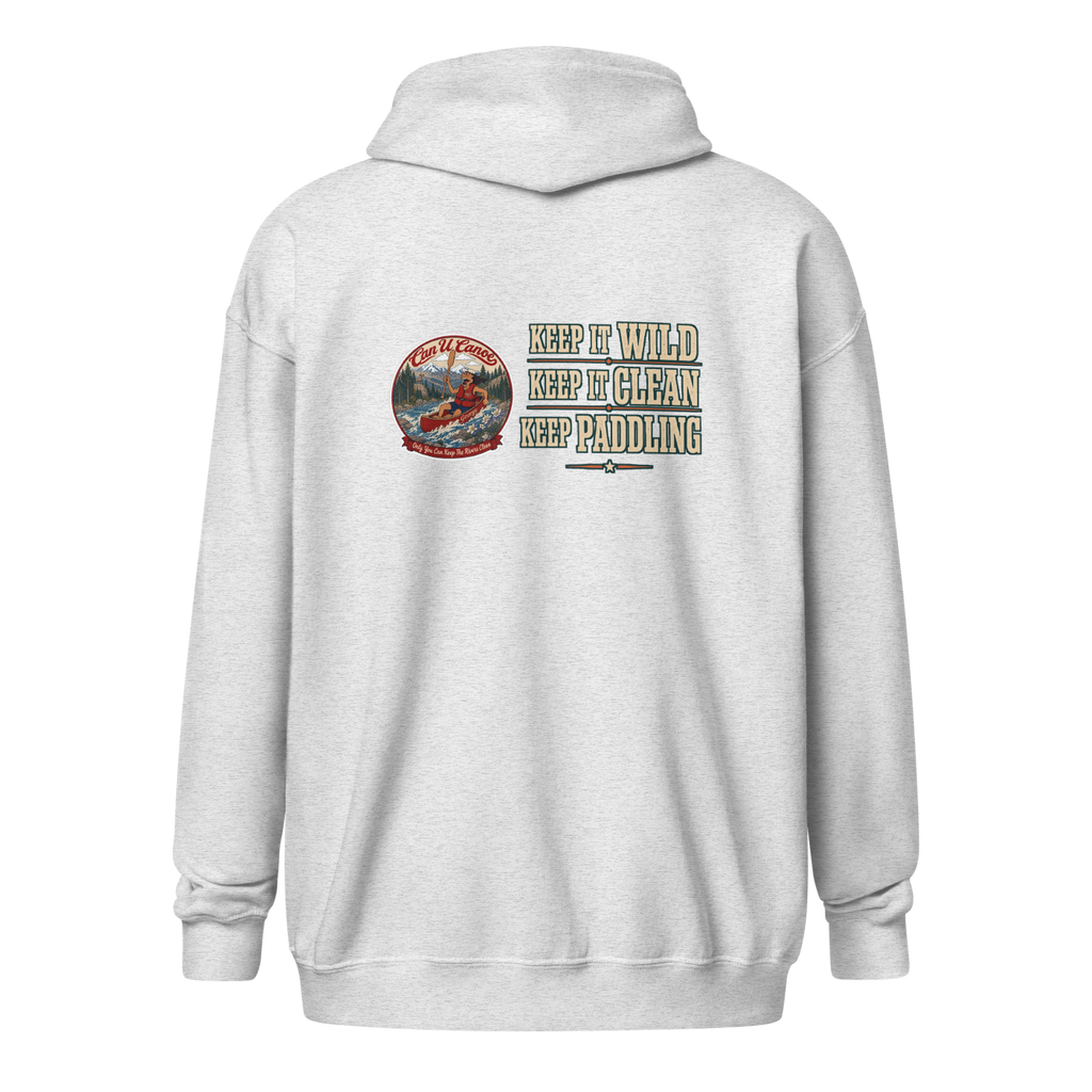 CUC Heavy Blend Zip Hoodie — George's Riverbank Hoodie | Ash | back | Keep It Wild left chest and lowered back | 2026-09-23 | transparent artwork correction 2026-09-24