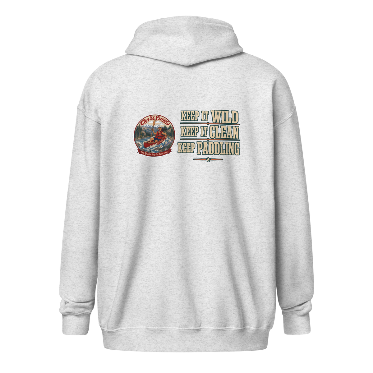 CUC Heavy Blend Zip Hoodie — George's Riverbank Hoodie | Ash | back | Keep It Wild left chest and lowered back | 2026-09-23 | transparent artwork correction 2026-09-24