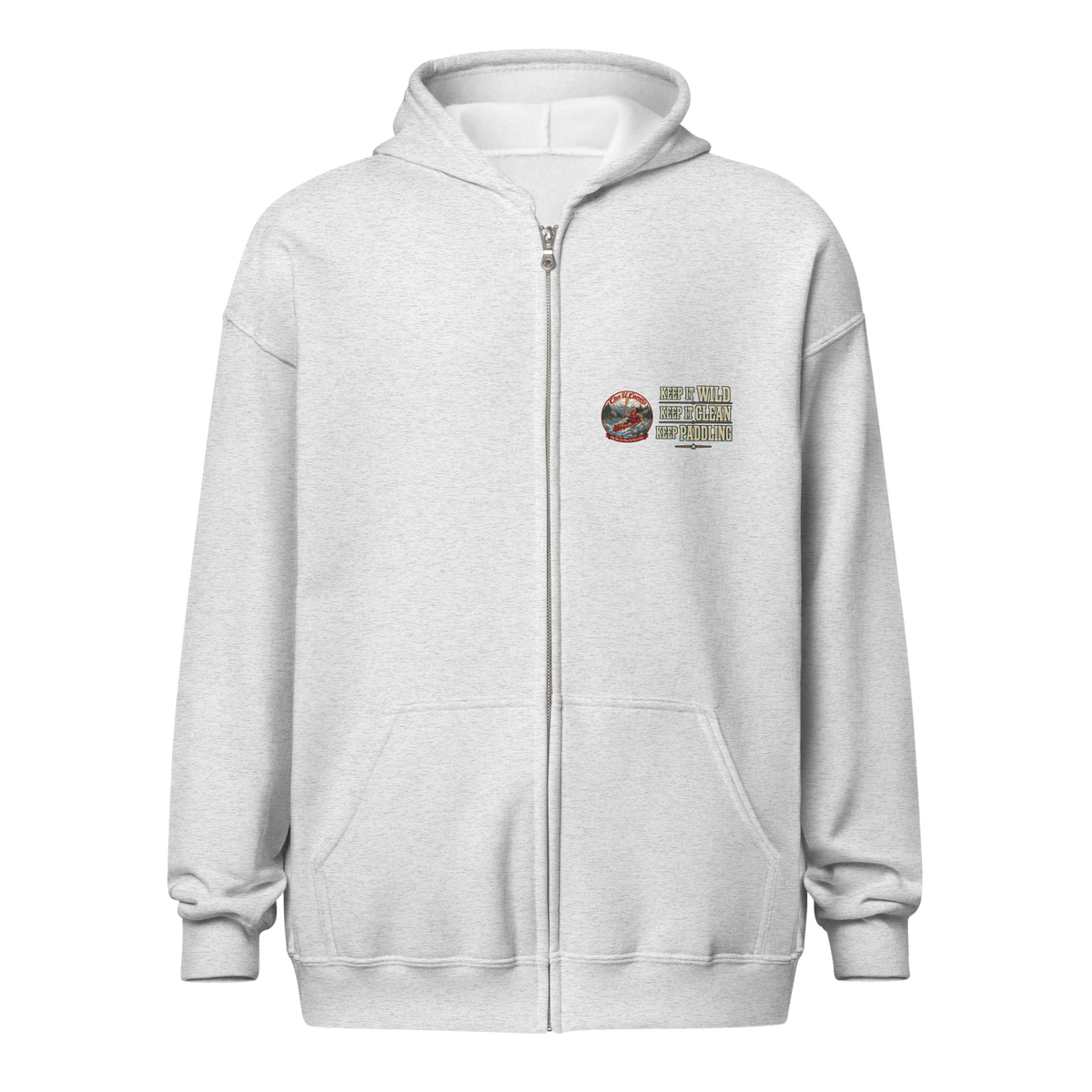 CUC Heavy Blend Zip Hoodie — George's Riverbank Hoodie | Ash | front | Keep It Wild left chest and lowered back | 2026-09-23 | transparent artwork correction 2026-09-24