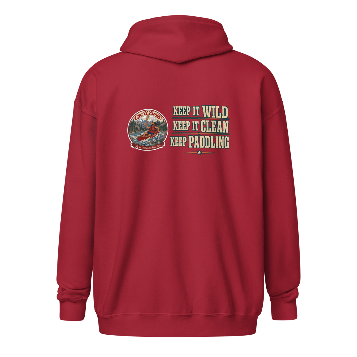 CUC Heavy Blend Zip Hoodie — George's Riverbank Hoodie | Cardinal Red | back | Keep It Wild left chest and lowered back | 2026-09-23 | transparent artwork correction 2026-09-24