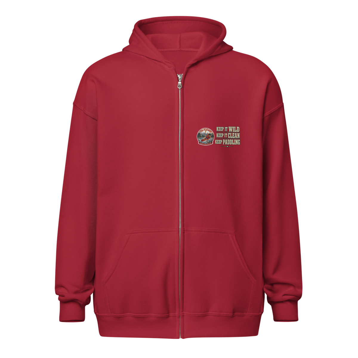 CUC Heavy Blend Zip Hoodie — George's Riverbank Hoodie | Cardinal Red | front | Keep It Wild left chest and lowered back | 2026-09-23 | transparent artwork correction 2026-09-24