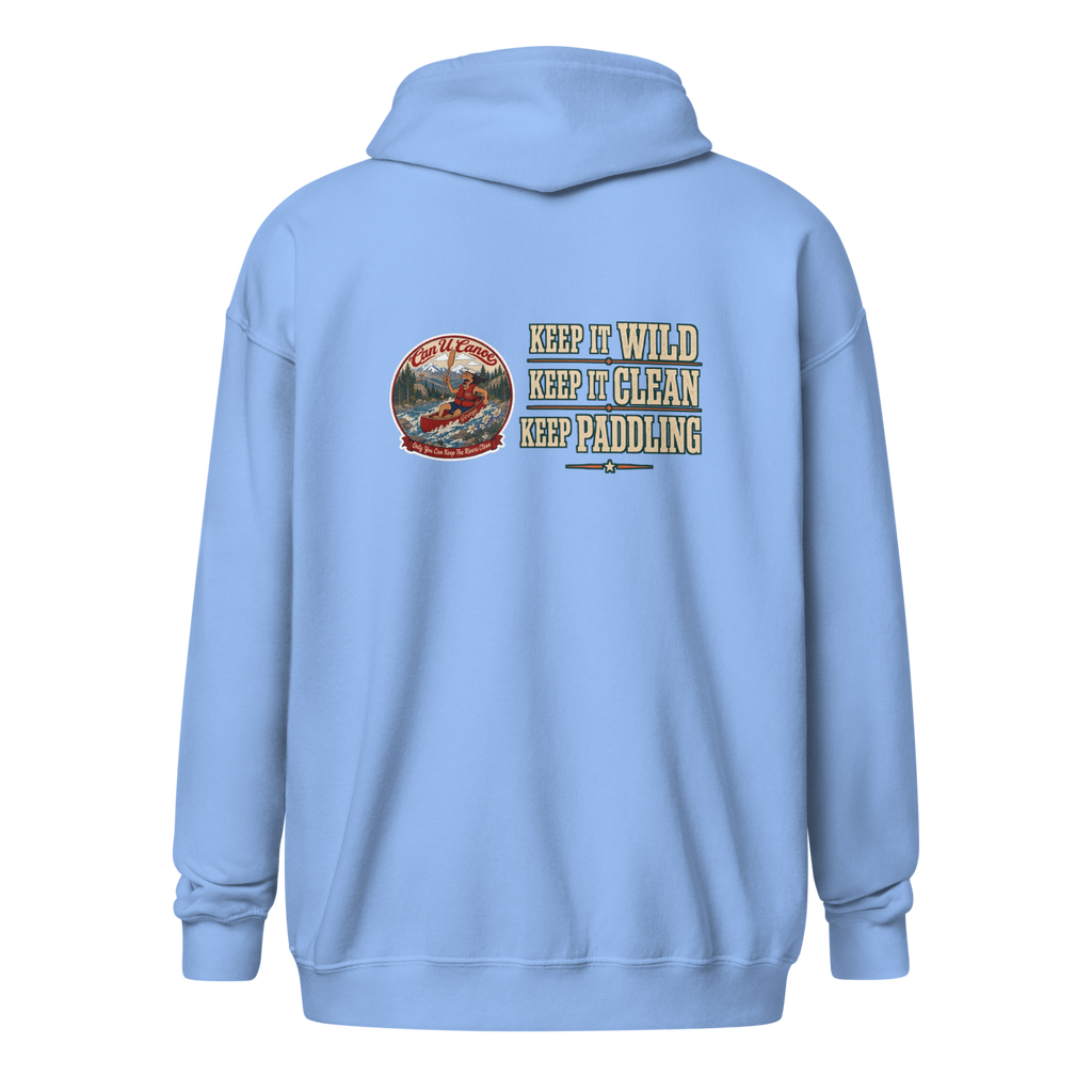 CUC Heavy Blend Zip Hoodie — George's Riverbank Hoodie | Carolina Blue | back | Keep It Wild left chest and lowered back | 2026-09-23 | transparent artwork correction 2026-09-24