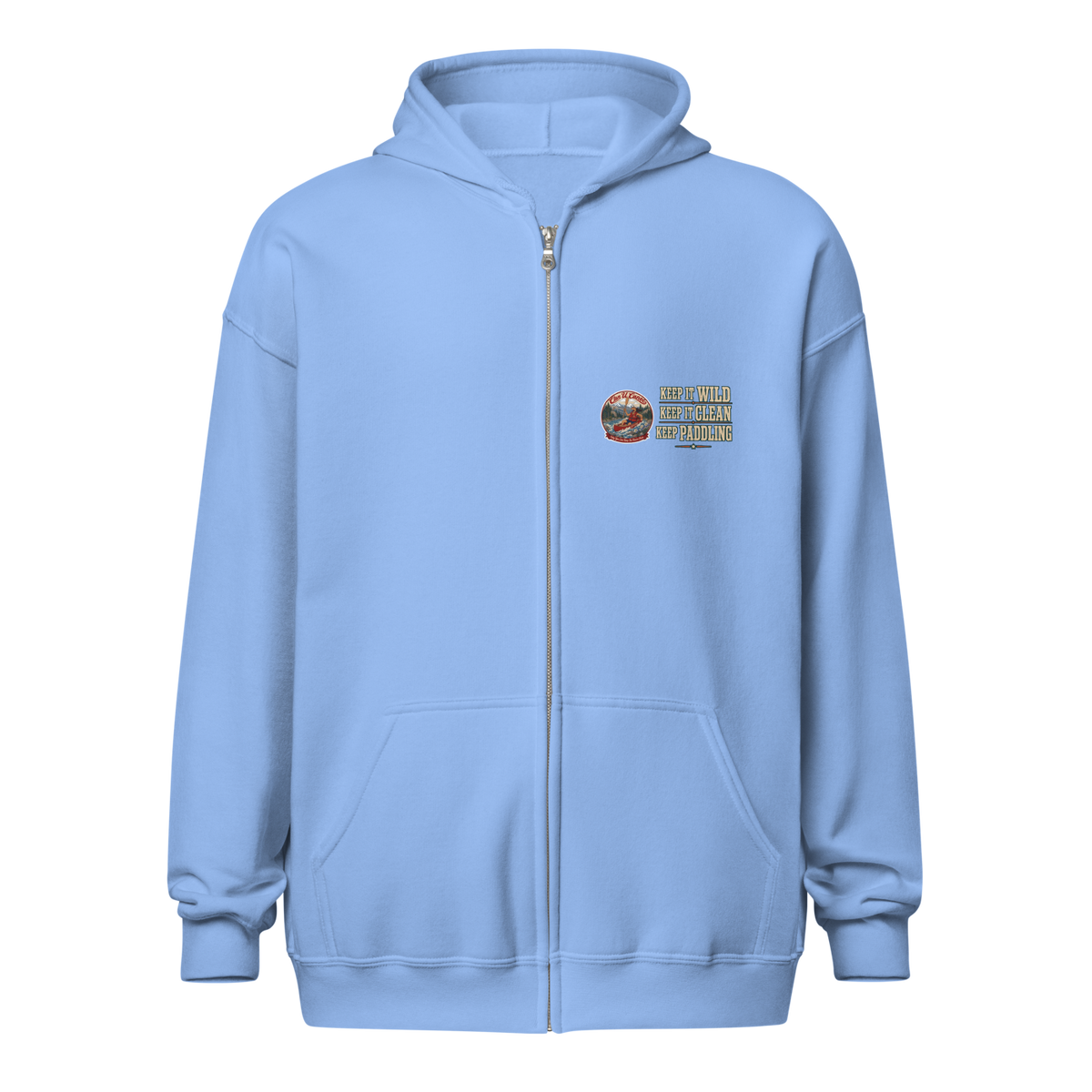 CUC Heavy Blend Zip Hoodie — George's Riverbank Hoodie | Carolina Blue | front | Keep It Wild left chest and lowered back | 2026-09-23 | transparent artwork correction 2026-09-24
