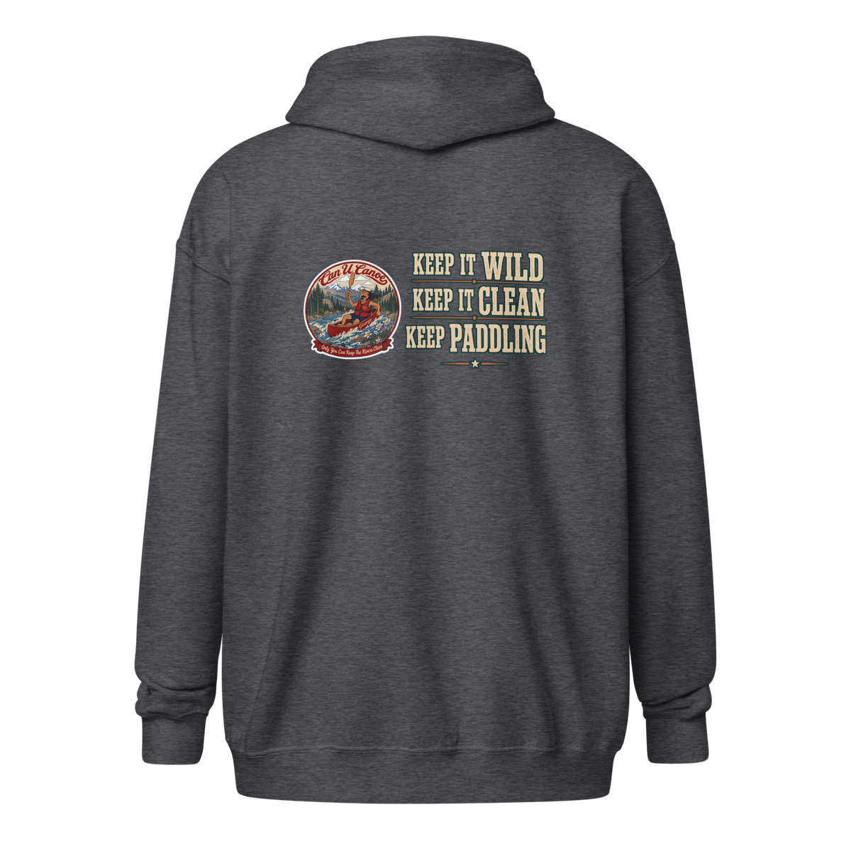 CUC Heavy Blend Zip Hoodie — George's Riverbank Hoodie | Dark Heather | back | Keep It Wild left chest and lowered back | 2026-09-23 | transparent artwork correction 2026-09-24