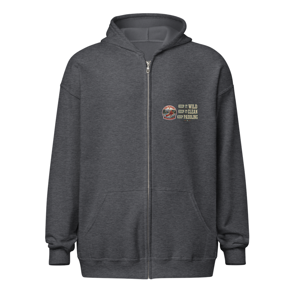 CUC Heavy Blend Zip Hoodie — George's Riverbank Hoodie | Dark Heather | front | Keep It Wild left chest and lowered back | 2026-09-23 | transparent artwork correction 2026-09-24