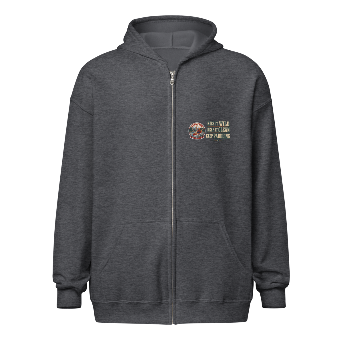 CUC Heavy Blend Zip Hoodie — George's Riverbank Hoodie | Dark Heather | front | Keep It Wild left chest and lowered back | 2026-09-23 | transparent artwork correction 2026-09-24