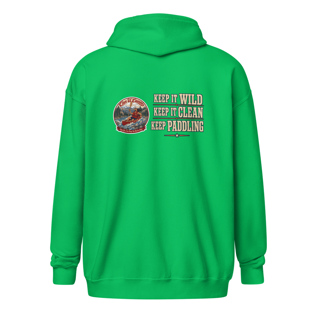 CUC Heavy Blend Zip Hoodie — George's Riverbank Hoodie | Irish Green | back | Keep It Wild left chest and lowered back | 2026-09-23 | transparent artwork correction 2026-09-24