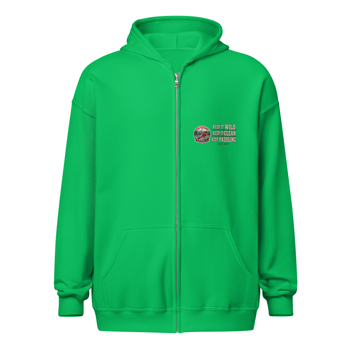 CUC Heavy Blend Zip Hoodie — George's Riverbank Hoodie | Irish Green | front | Keep It Wild left chest and lowered back | 2026-09-23 | transparent artwork correction 2026-09-24