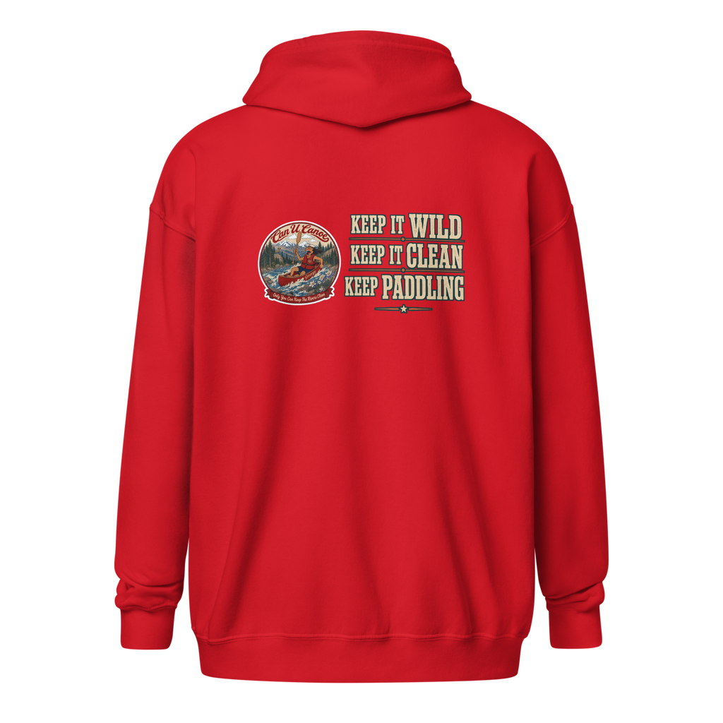 CUC Heavy Blend Zip Hoodie — George's Riverbank Hoodie | Red | back | Keep It Wild left chest and lowered back | 2026-09-23 | transparent artwork correction 2026-09-24