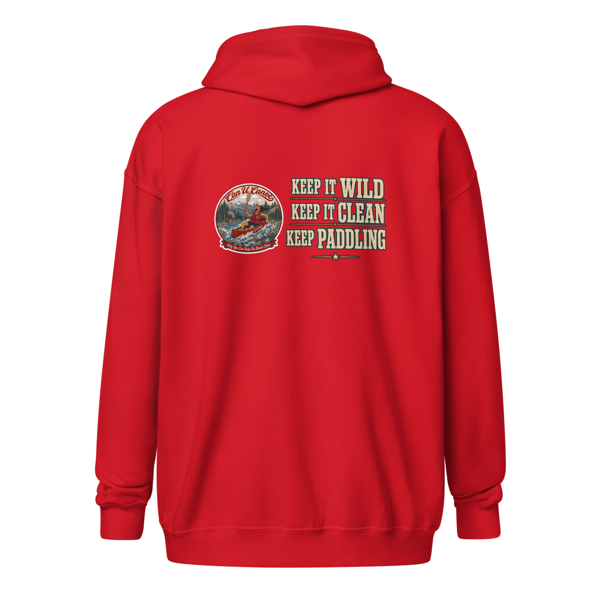 CUC Heavy Blend Zip Hoodie — George's Riverbank Hoodie | Red | back | Keep It Wild left chest and lowered back | 2026-09-23 | transparent artwork correction 2026-09-24