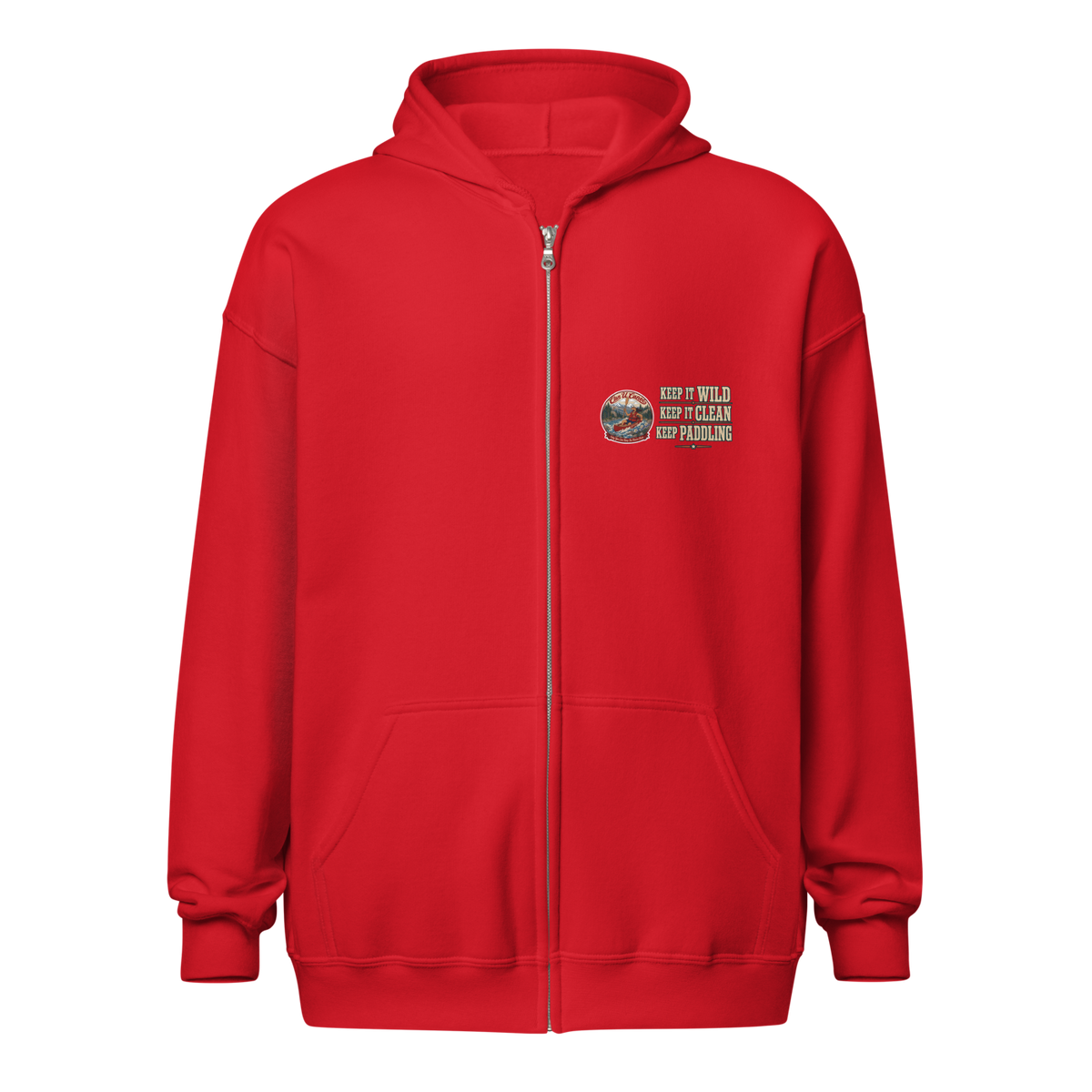 CUC Heavy Blend Zip Hoodie — George's Riverbank Hoodie | Red | front | Keep It Wild left chest and lowered back | 2026-09-23 | transparent artwork correction 2026-09-24