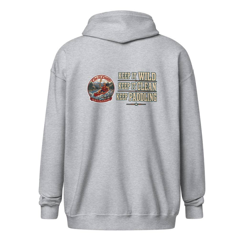 CUC Heavy Blend Zip Hoodie — George's Riverbank Hoodie | Sport Grey | back | Keep It Wild left chest and lowered back | 2026-09-23 | transparent artwork correction 2026-09-24