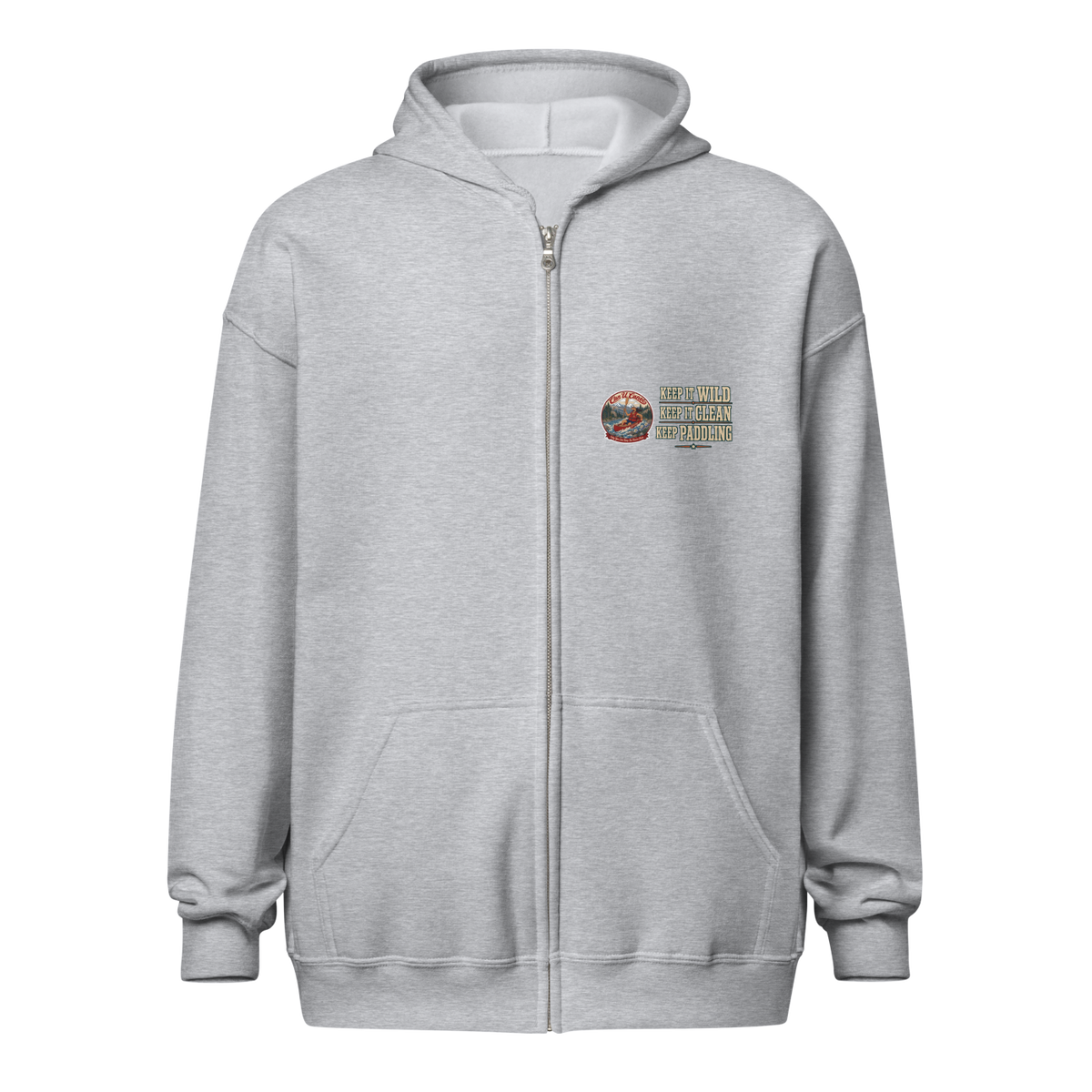 CUC Heavy Blend Zip Hoodie — George's Riverbank Hoodie | Sport Grey | front | Keep It Wild left chest and lowered back | 2026-09-23 | transparent artwork correction 2026-09-24