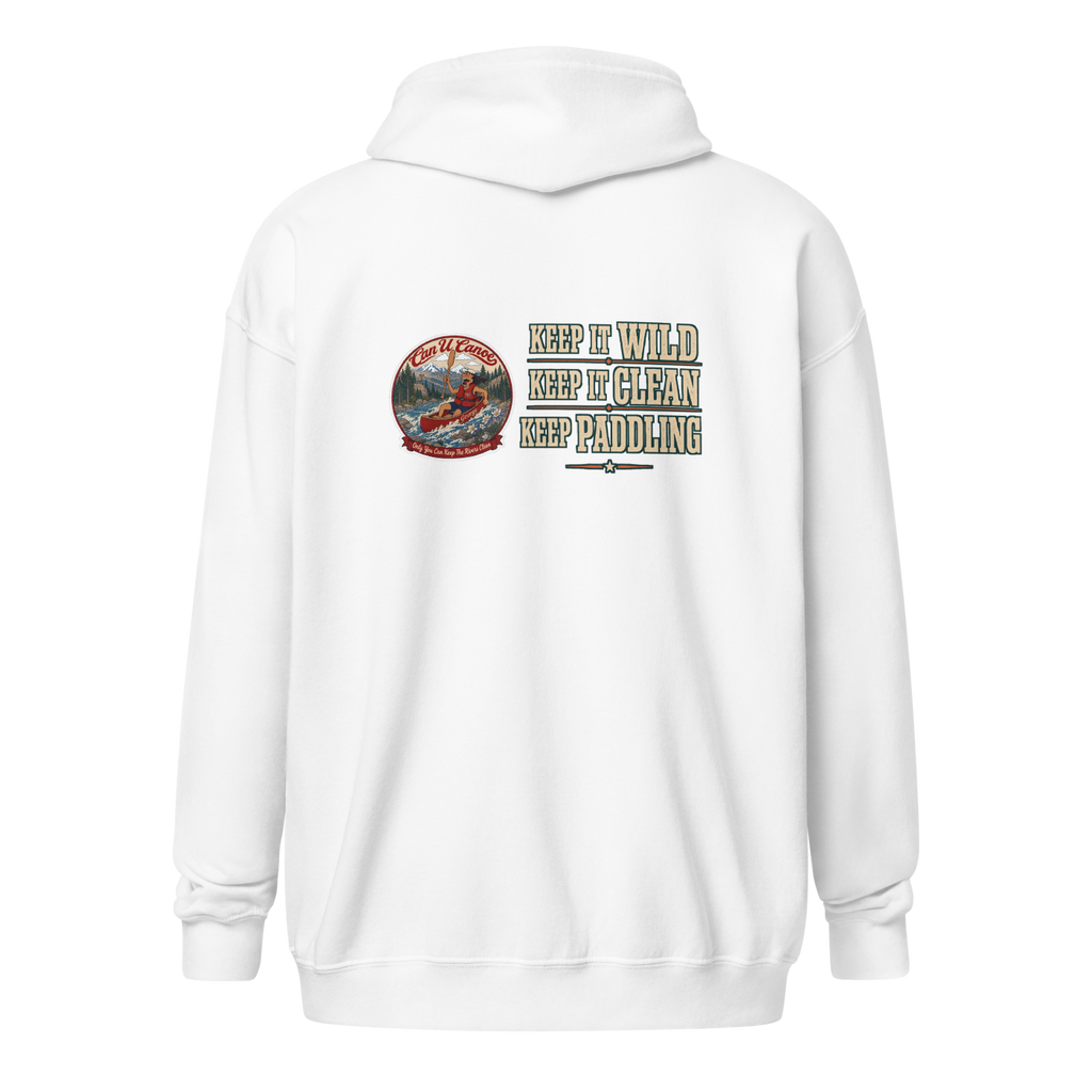 CUC Heavy Blend Zip Hoodie — George's Riverbank Hoodie | White | back | Keep It Wild left chest and lowered back | 2026-09-23 | transparent artwork correction 2026-09-24